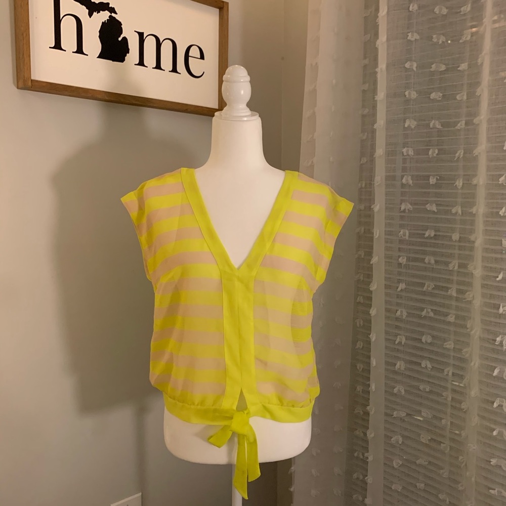 NWT Bebe sheer neon yellow & cream tie-front top